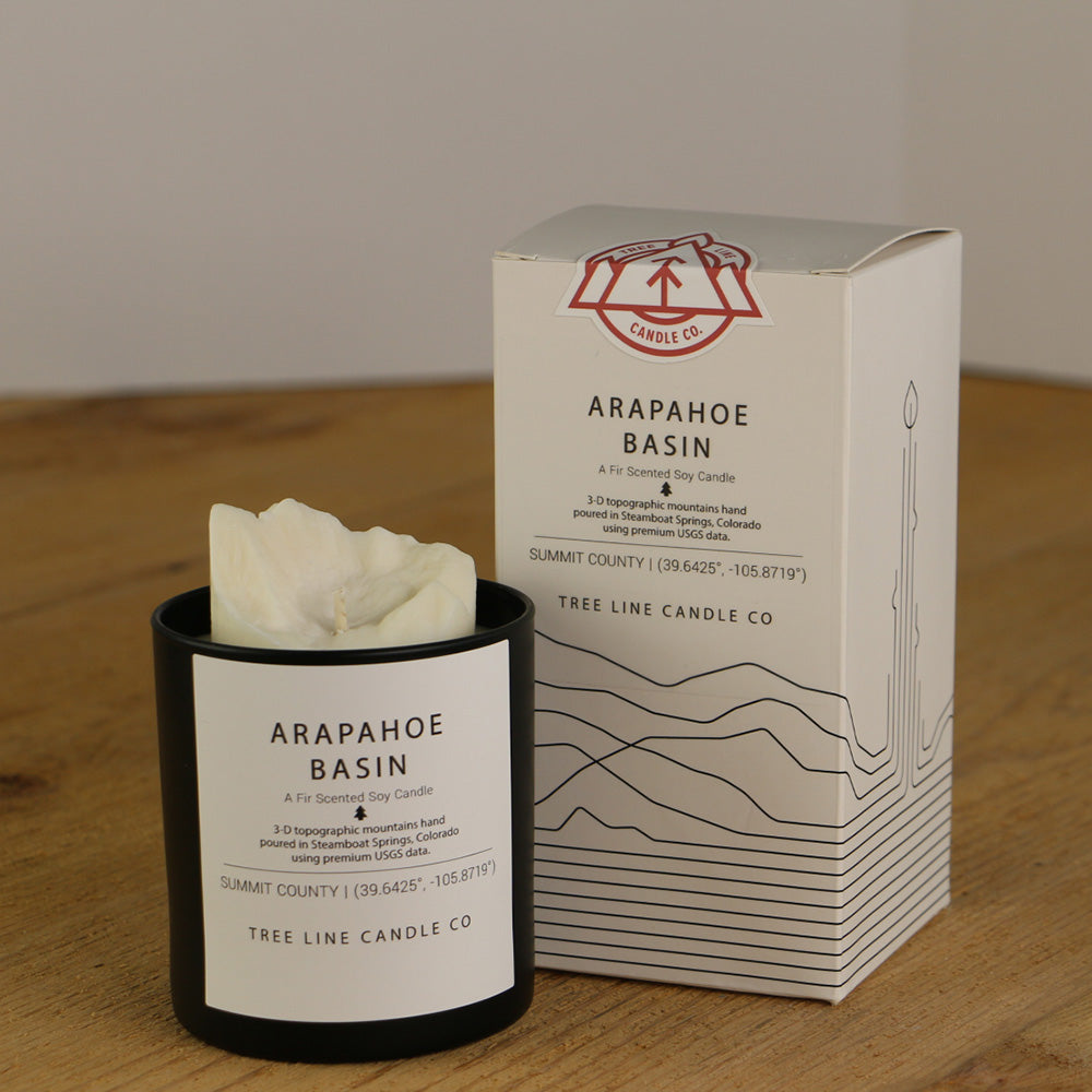 A white wax replica candle of Arapahoe Basin next to a white box with red and black lettering.