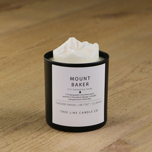  A white soy wax replica candle of Mount Baker in a round, black glass.