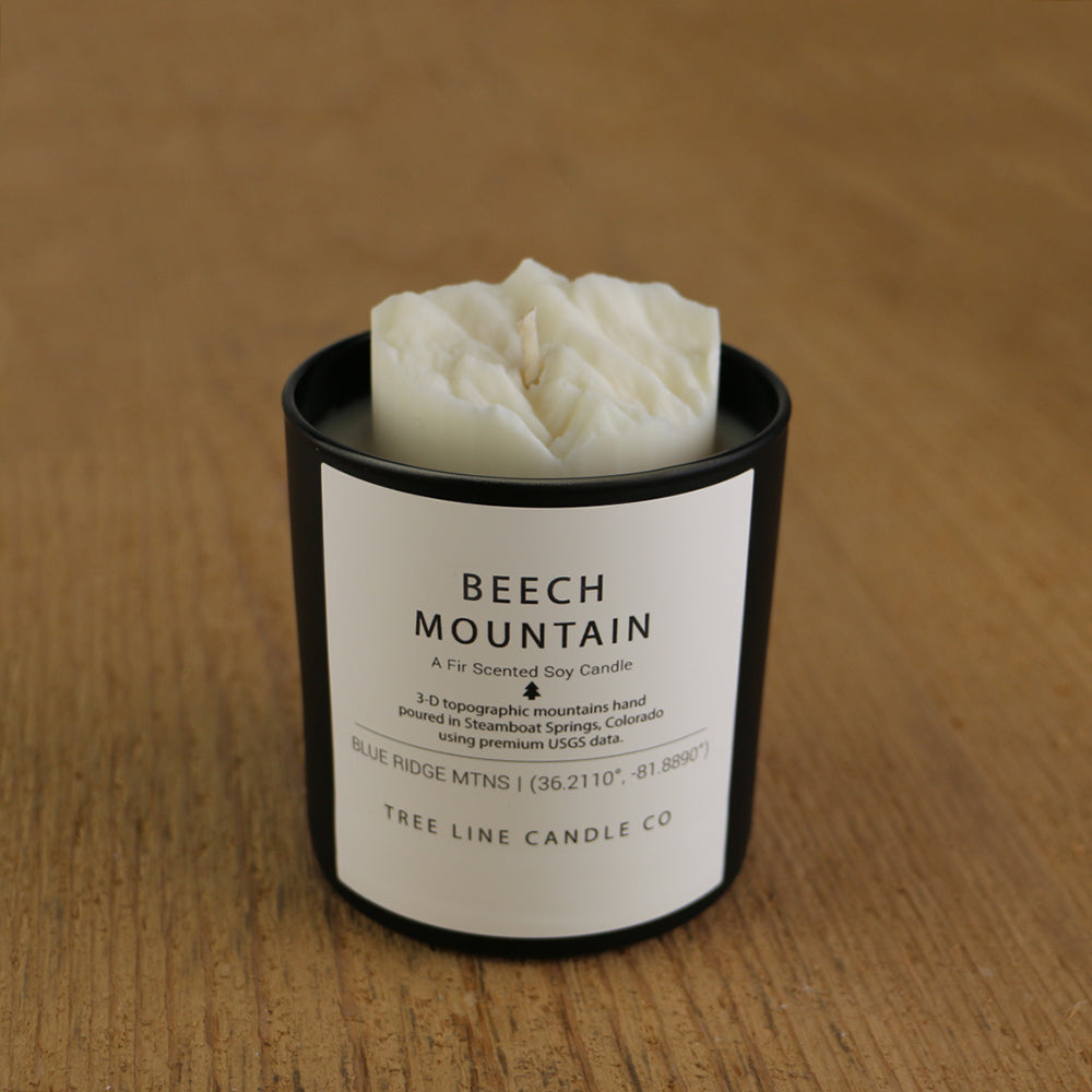 A white soy wax replica candle Beech Mountain in a round, black glass.