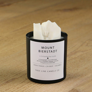  A white soy wax replica candle of Mount Bierstadt in a round, black glass.