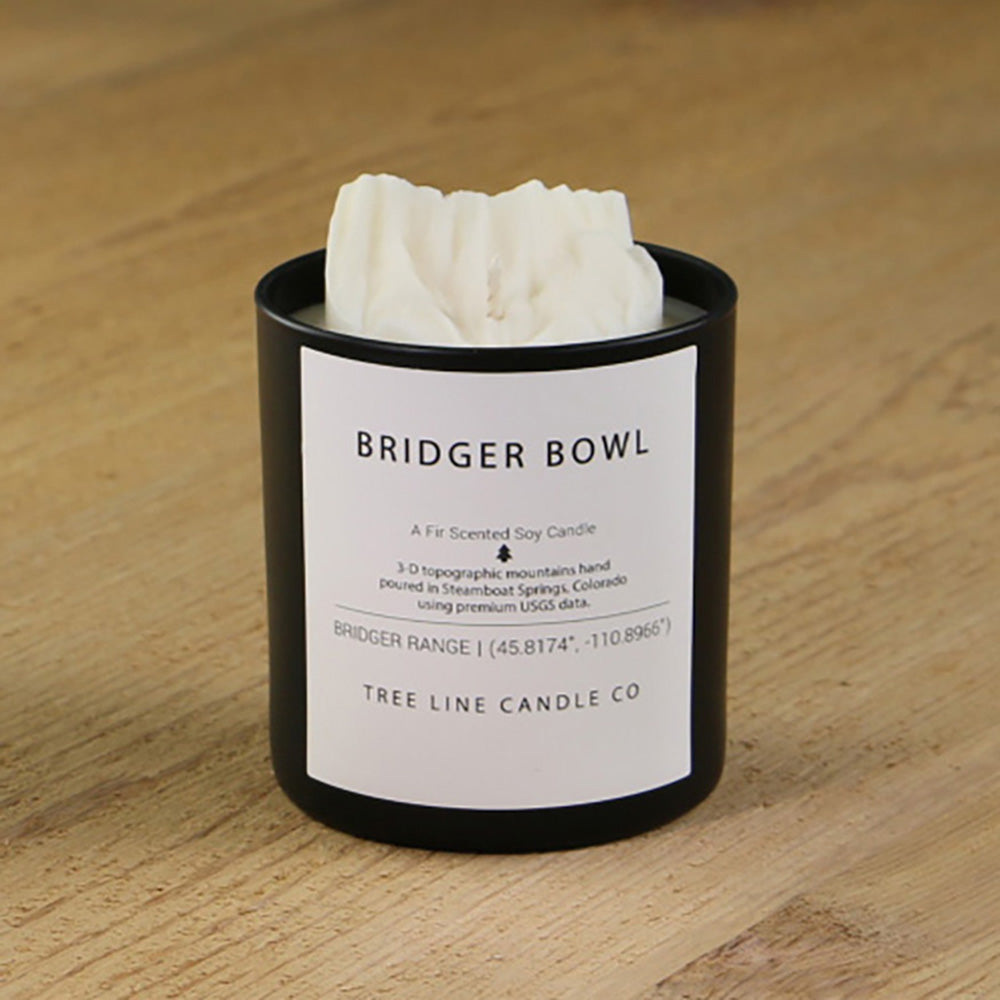  A white soy wax replica candle of Bridger Bowl in a round, black glass.
