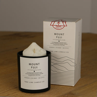 A white wax replica candle of Mount Fuji next to a white box with red and black lettering.