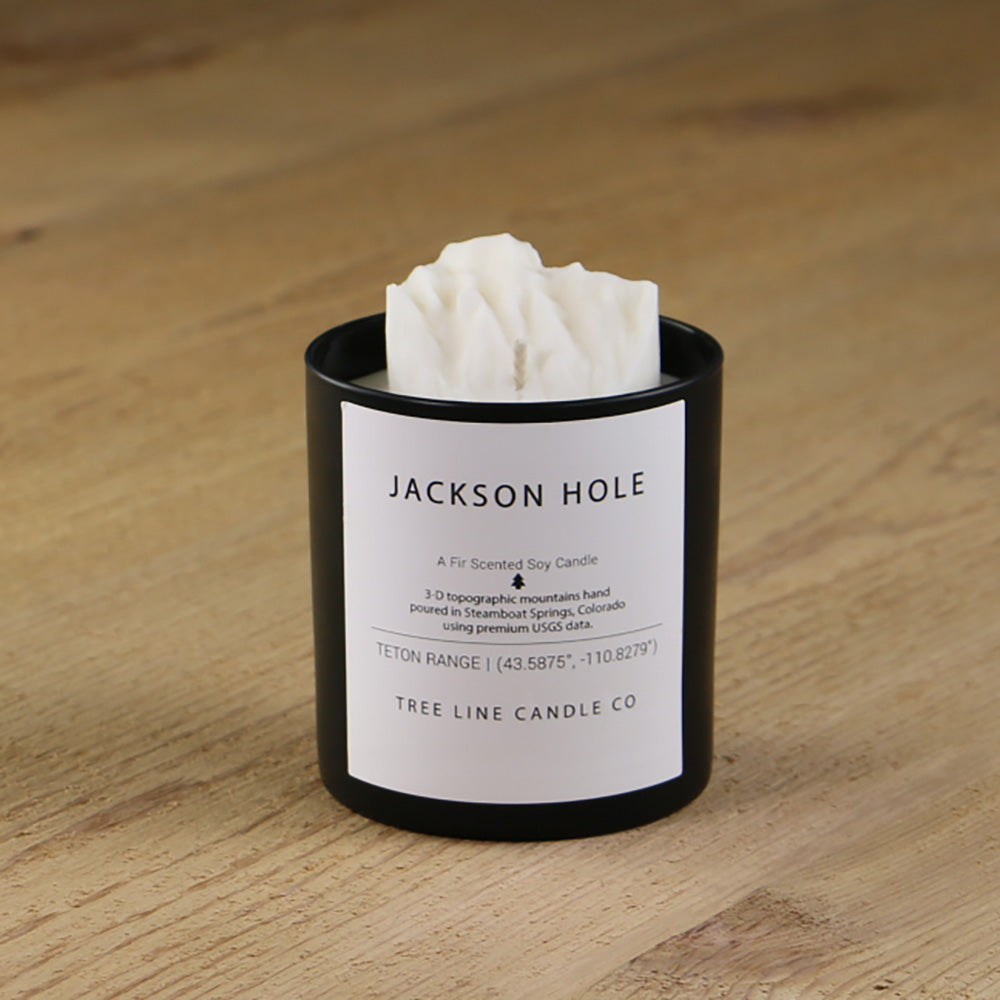  A white soy wax replica candle of  Jackson Hole in a round, black glass.