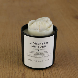 A white soy wax replica candle Lionshead Minturn in a round, black glass.