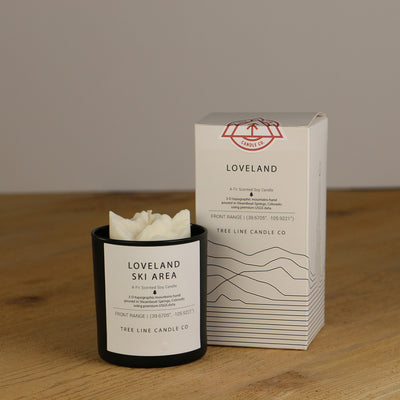 A white wax replica candle of Loveland Ski Area next to a white box with red and black lettering.