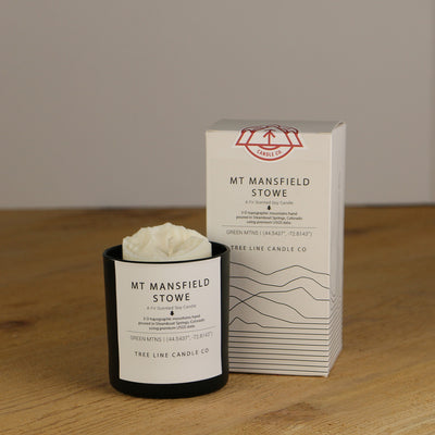 A white wax replica candle of Mount Mansfield Stowe next to a white box with red and black lettering.