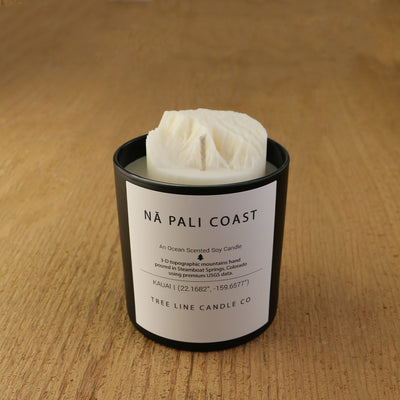 A white soy wax replica candle of Nä Pali Coast in a round, black glass.