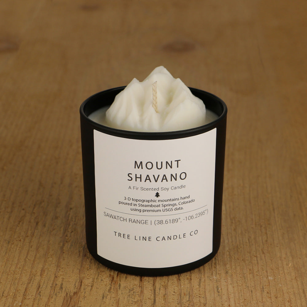  A white soy wax replica candle of Mount Shavano in a round, black glass.