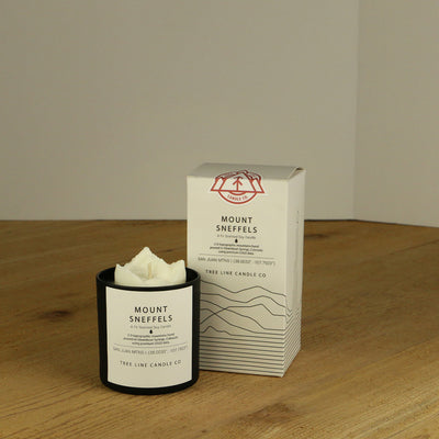 A white wax replica candle of Mount Sneffels next to a white box with red and black lettering.